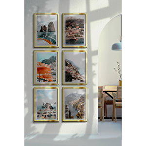 Gold Renk - 50x70 Çerçeveli Tablo Modern Sanat Sahil Baskısı İtalya Duvar Sanatı Tatil Holiday 50x70 cm