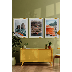 Gold Renk - 48x68 Çerçeveli Tablo Modern Sanat Sahil Baskısı İtalya Duvar Sanatı Plaj Tatil 40x60 cm