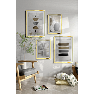 Gold Renk - 130x130 Çerçeveli Tablo Oturma Odası Yatak Odası Nötr Soyut Modern Sanat 130x130 cm