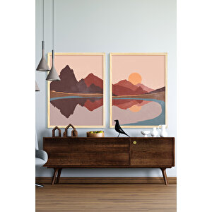Natürel Renk - 35x50 Çerçeveli Tablo Modern Sanatsal İkili Çerçeve Dağ Manzara
