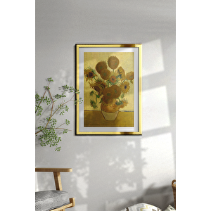 Gold Renk - 40x50 Çerçeveli Tablo Çerçeveli Dekor Tablo Seti Dekoratif Tablo Van Gogh Ay Çiçeği Tablo