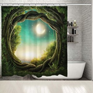 Baskılı Duş Perde Fantastik Orman Ağaç Gece Desenli Yeşil 175x220 cm