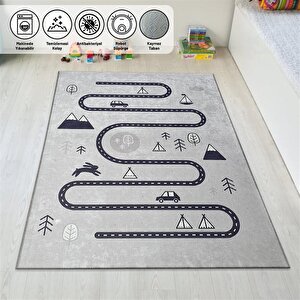 Çocuk Bebek Odası Oyun Halısı Trafik Temalı Gri Halı Kaymaz 140x200 cm