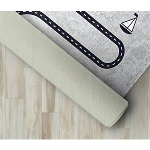 Çocuk Bebek Odası Oyun Halısı Trafik Temalı Gri Halı Kaymaz 60x100 cm