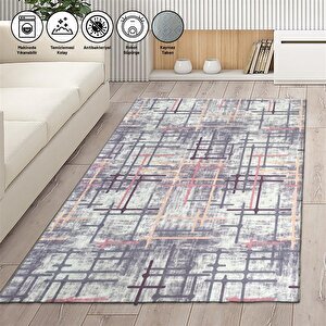 Modern Abstrak Çizgi Desenli Karışık Renkli Halı Kaymaz Taban Makinada Yıkanabilir 60x100 cm