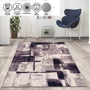 Modern Abstrak Geometrik Desenli Pastel Gri Halı Kaymaz Taban Makinada Yıkanabilir 100x150 cm