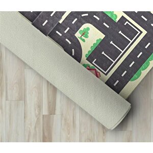 Çocuk Bebek Odası Oyun Halısı Trafik Temalı Sarı Gri Halı Kaymaz Taban Yıkanabilir 80x150 cm