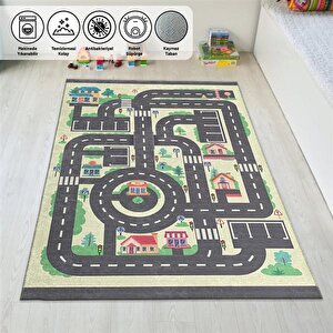 Çocuk Bebek Odası Oyun Halısı Trafik Temalı Sarı Gri Halı Kaymaz Taban Yıkanabilir 80x120 cm