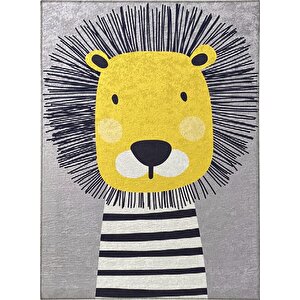 Çocuk Bebek Halısı Sevimli Aslan Desenli Gri Halı Yıkanabilir Kaymaz Taban 100x150 cm