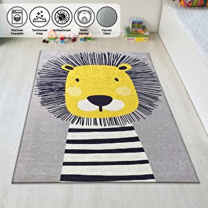 Çocuk Bebek Halısı Sevimli Aslan Desenli Gri Halı Yıkanabilir Kaymaz Taban 160x230 cm