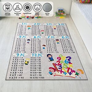 Çocuk Bebek Halısı Çarpım Tablosu Temalı Gri Halı Yıkanabilir Kaymaz Taban 80x150 cm