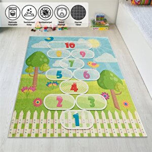 Çocuk Bebek Oyun Halısı Seksek Yeşil Mavi Halı Yıkanabilir Kaymaz 80x150 cm