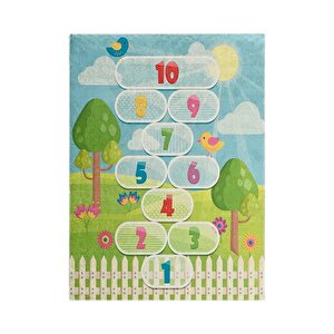 Çocuk Bebek Oyun Halısı Seksek Yeşil Mavi Halı Yıkanabilir Kaymaz 80x150 cm