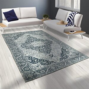 Modern Şönil Dokuma Taban Klasik Desenli Gri Beyaz Halı 80x250 cm
