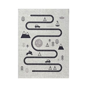 Beyaz Çocuk Bebek Oyun Halısı Trafik Temalı Kaymaz Yıkanabilir 80x120 cm