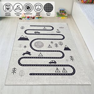 Beyaz Çocuk Bebek Oyun Halısı Trafik Temalı Kaymaz Yıkanabilir 80x150 cm