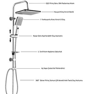 T-may Banyo Sümbül Kare Paslanmaz   Krom Tepe Duş Takımı
