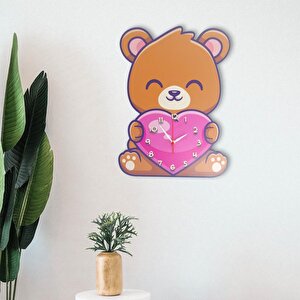 Cajuart Dekoratif Sevimli Pembe Kalpli Ayı Çocuk Odası Duvar Saati