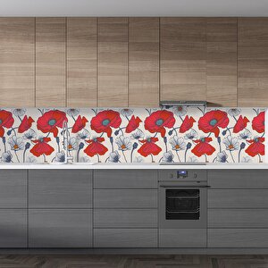 Mutfak Tezgah Arası Folyo Fayans Kaplama Folyosu Kırmızı Çiçek Çizim 60x400 cm 