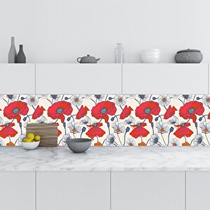 Mutfak Tezgah Arası Folyo Fayans Kaplama Folyosu Kırmızı Çiçek Çizim 60x100 cm