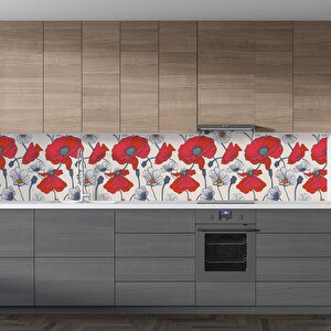 Mutfak Tezgah Arası Folyo Fayans Kaplama Folyosu Kırmızı Çiçek Çizim 60x500 cm