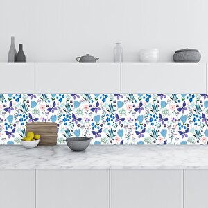 Mutfak Tezgah Arası Folyo Fayans Kaplama Folyosu Mavi Çiçek Kelebek 60x500 cm