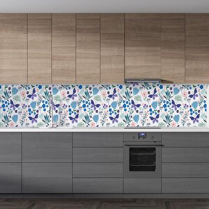 Mutfak Tezgah Arası Folyo Fayans Kaplama Folyosu Mavi Çiçek Kelebek 60x400 cm 
