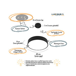 Drum 40cm ( Siyah Kasa, Doğal Beyaz Işık ) Sarkıt Ledli Modern Led Avize, Salon, Mutfak, Oturma Odası Gün Işığı 4000K