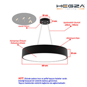 Drum 40cm ( Siyah Kasa, Doğal Beyaz Işık ) Sarkıt Ledli Modern Led Avize, Salon, Mutfak, Oturma Odası