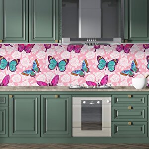 Mutfak Tezgah Arası Folyo Fayans Kaplama Folyosu Pembe Kelebekler 60x400 cm 