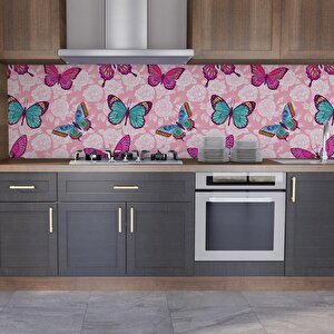 Mutfak Tezgah Arası Folyo Fayans Kaplama Folyosu Pembe Kelebekler 60x200 cm