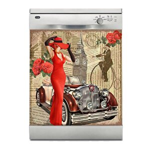 Bulaşık Makinesi Sticker Kaplama Beyaz Eşya Kaplama Kırmızı Elbise Kadın