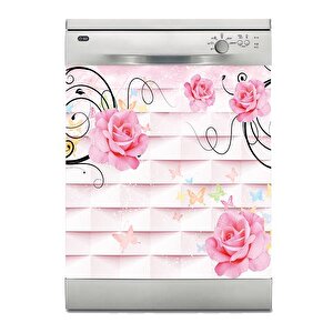 Bulaşık Makinesi Sticker Kaplama Beyaz Eşya Kaplama Pembe Gül Kelebek