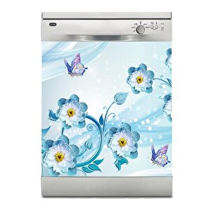 Bulaşık Makinesi Sticker Kaplama Beyaz Eşya Kaplama 3d Mavi Kelebek Çiçek
