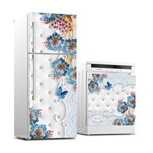 Buzdolabı Ve Bulaşık Makinası Beyaz Eşya Sticker Kaplama Döşeme Mavi Çiçek