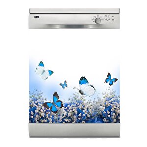 Bulaşık Makinesi Sticker Kaplama Beyaz Eşya Kaplama Beyaz Çiçek Mavi Kelebek