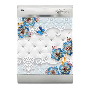Bulaşık Makinesi Sticker Kaplama Beyaz Eşya Kaplama Döşeme Mavi Çiçek