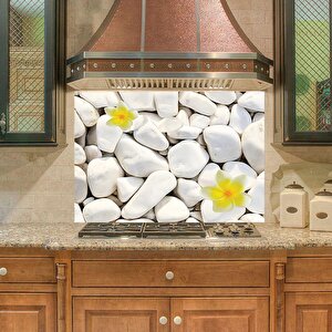 Mutfak Duvar Tezgah Arası Ocak Arkası Sticker Kaplama Beyaz Taşlar Sarı Çiçek