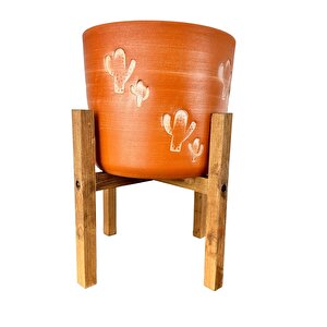 Aksesuar Kaktüs Desenli Toprak Saksı Saksılık Salon Çiçeklik 4 Ayaklı - 19 Cm