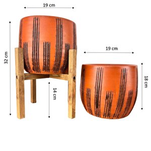 Ev Dekorasyon Aksesuar Siyah Çizgi Desenli Toprak Saksı Saksılık Salon Çiçeklik İkili Set Ayaksız - 4 Ayaklı- 19 Cm