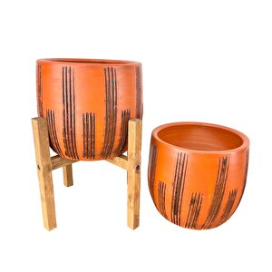 Ev Dekorasyon Aksesuar Siyah Çizgi Desenli Toprak Saksı Saksılık Salon Çiçeklik İkili Set Ayaksız - 4 Ayaklı- 19 Cm