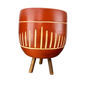Dik Çizgi Desenli Toprak Saksı Saksılık Salon Çiçeklik 3 Ayaklı - 19 Cm
