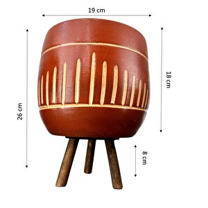 Dik Çizgi Desenli Toprak Saksı Saksılık Salon Çiçeklik 3 Ayaklı - 19 Cm