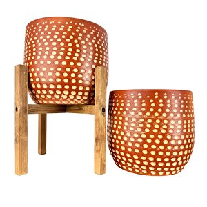 Beyaz Nokta Desenli Toprak Saksı Saksılık Salon Çiçeklik İkili Set Ayaksız - 4 Ayaklı- 19 Cm