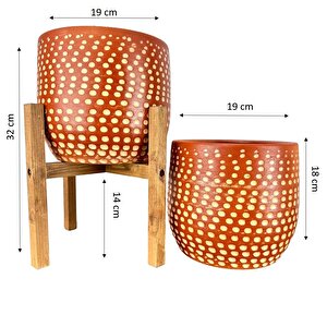 Beyaz Nokta Desenli Toprak Saksı Saksılık Salon Çiçeklik İkili Set Ayaksız - 4 Ayaklı- 19 Cm