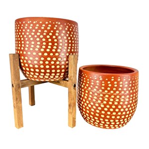 Beyaz Nokta Desenli Toprak Saksı Saksılık Salon Çiçeklik İkili Set Ayaksız - 4 Ayaklı- 19 Cm