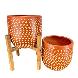 Bitki Tasarımı Beyaz Nokta Desenli Toprak Saksı Saksılık Salon Çiçeklik İkili Set Ayaksız - 4 Ayaklı- 19 Cm