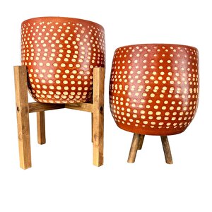 Beyaz Nokta Desenli Toprak Saksı Saksılık Salon Çiçeklik İkili Set 3 Ayaklı- 4 Ayaklı- 19 Cm
