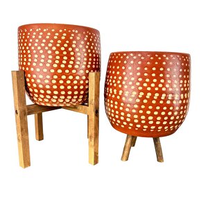 Beyaz Nokta Desenli Toprak Saksı Saksılık Salon Çiçeklik İkili Set 3 Ayaklı- 4 Ayaklı- 19 Cm