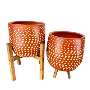 Bitki Tasarımı Beyaz Nokta Desenli Toprak Saksı Saksılık Salon Çiçeklik İkili Set 3 Ayaklı- 4 Ayaklı- 19 Cm
